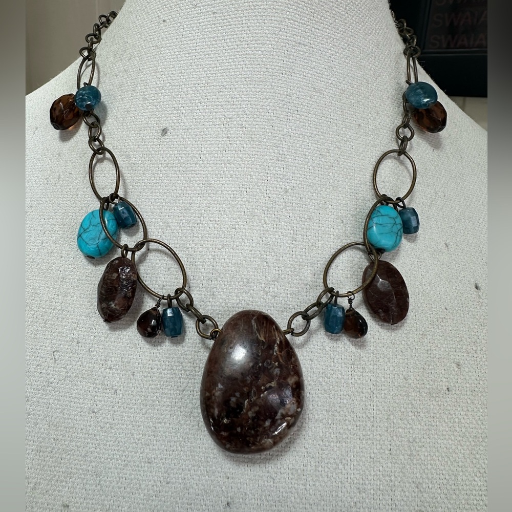 Boho neutral brown and turquoise colored stone style necklace